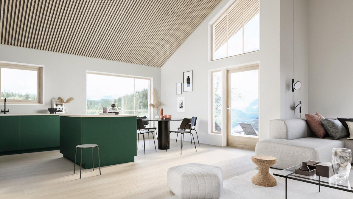 Lys og moderne stue med grønn kjøkkeninnredning og spiler i taket