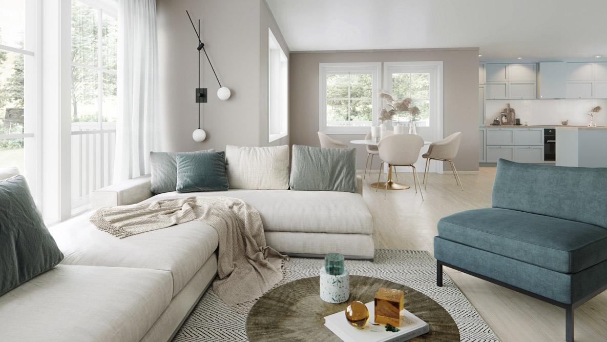 Lys sofa og turkis lenestol i moderne hus fra Nordbohus