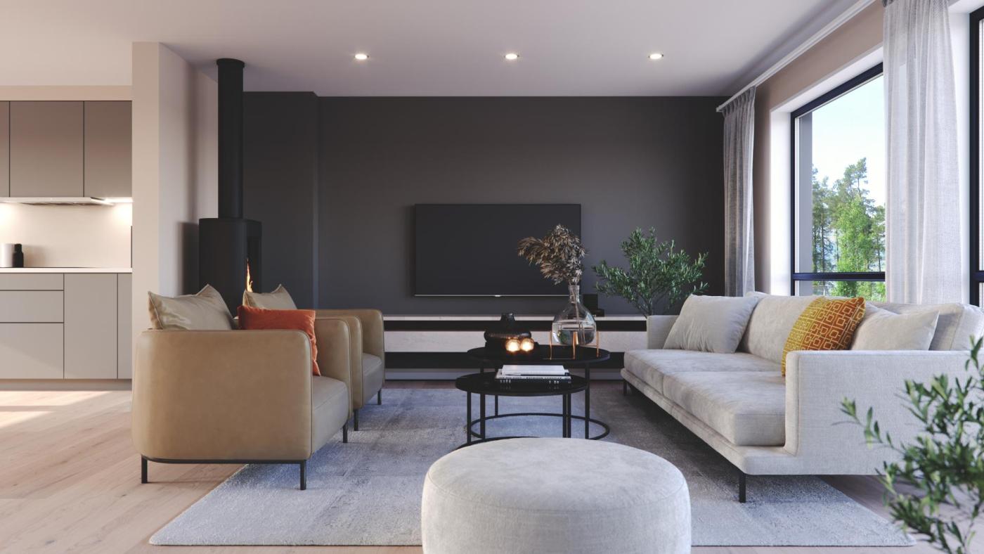 Moderne stue med sofagruppe og fyr i peisen