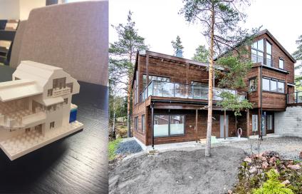Bilde av et hus i lego sammen med et ferdig bygd hus i virkeligheten