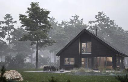 Illustrasjon av moderne hus i tåkete skog