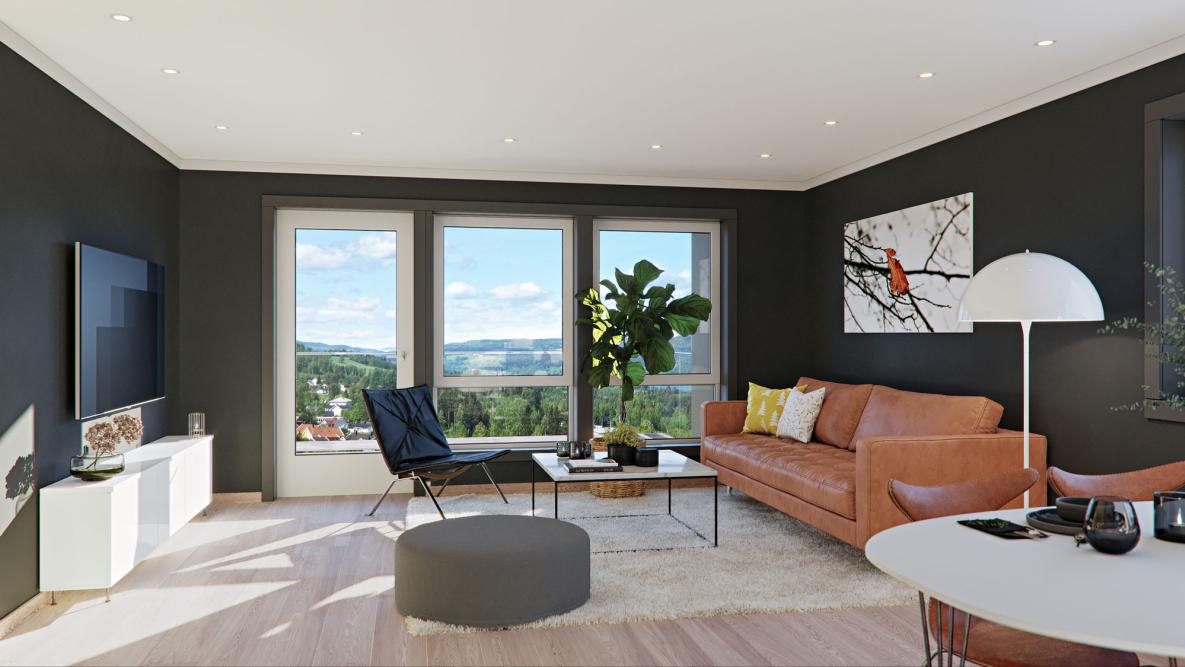 Illustrasjon av stue med store vindusflater