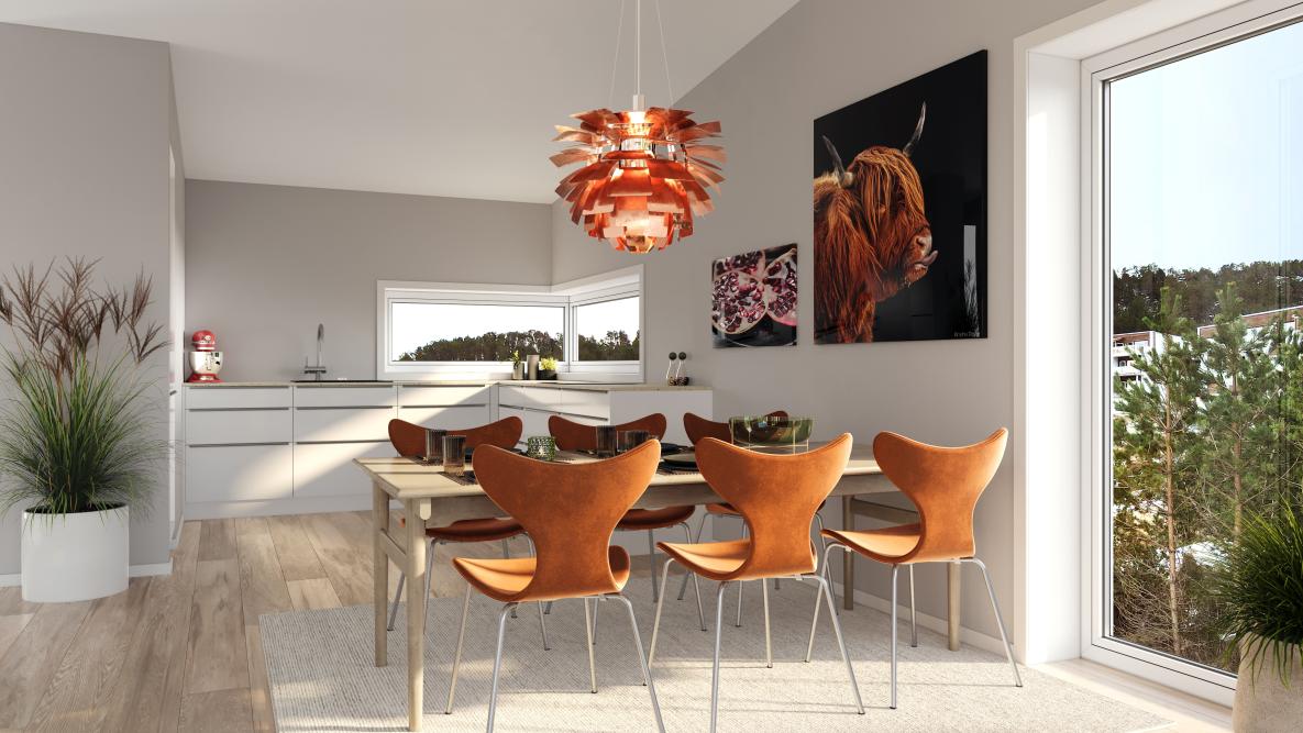 Kjøkkenillustrasjon med oransje detaljer på møbler. Lampe som henger ned fra taket og bilder på veggen.