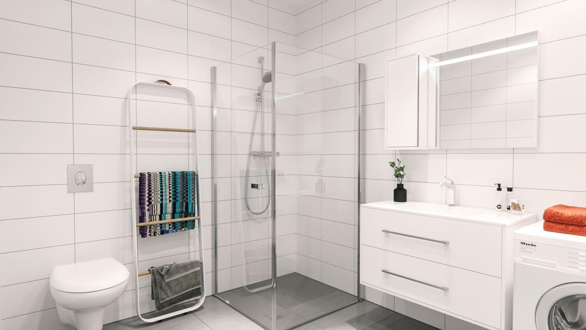 Illustrasjon fra bad i leilighet. Bildet viser dusjhjørne, vask, vegghengt toalett og vaskemaskin.