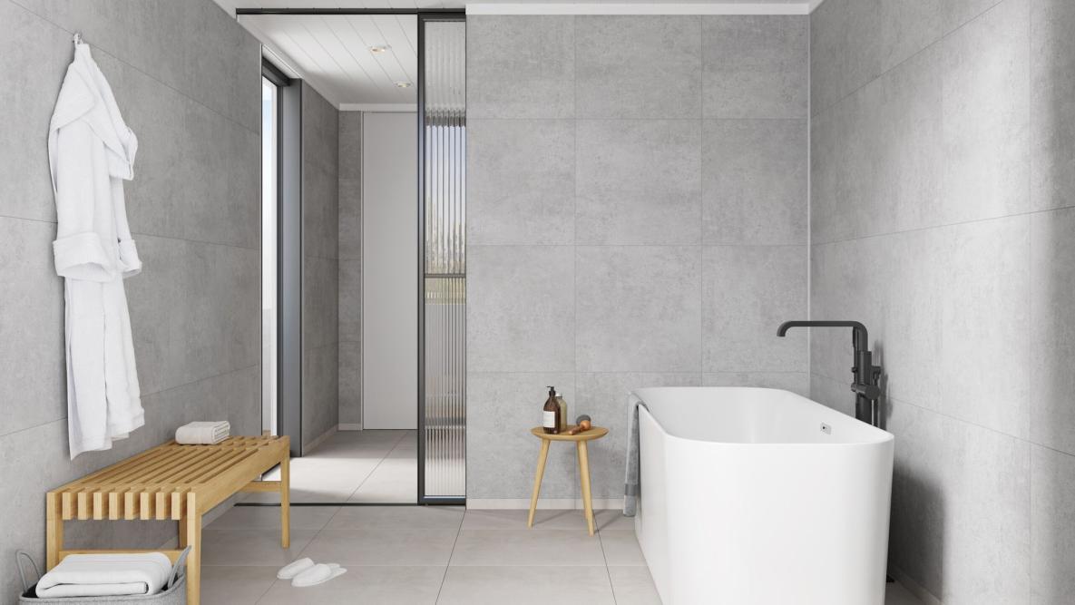 Moderne bad med grå våtromsplater fra Smartpanel Wetwall