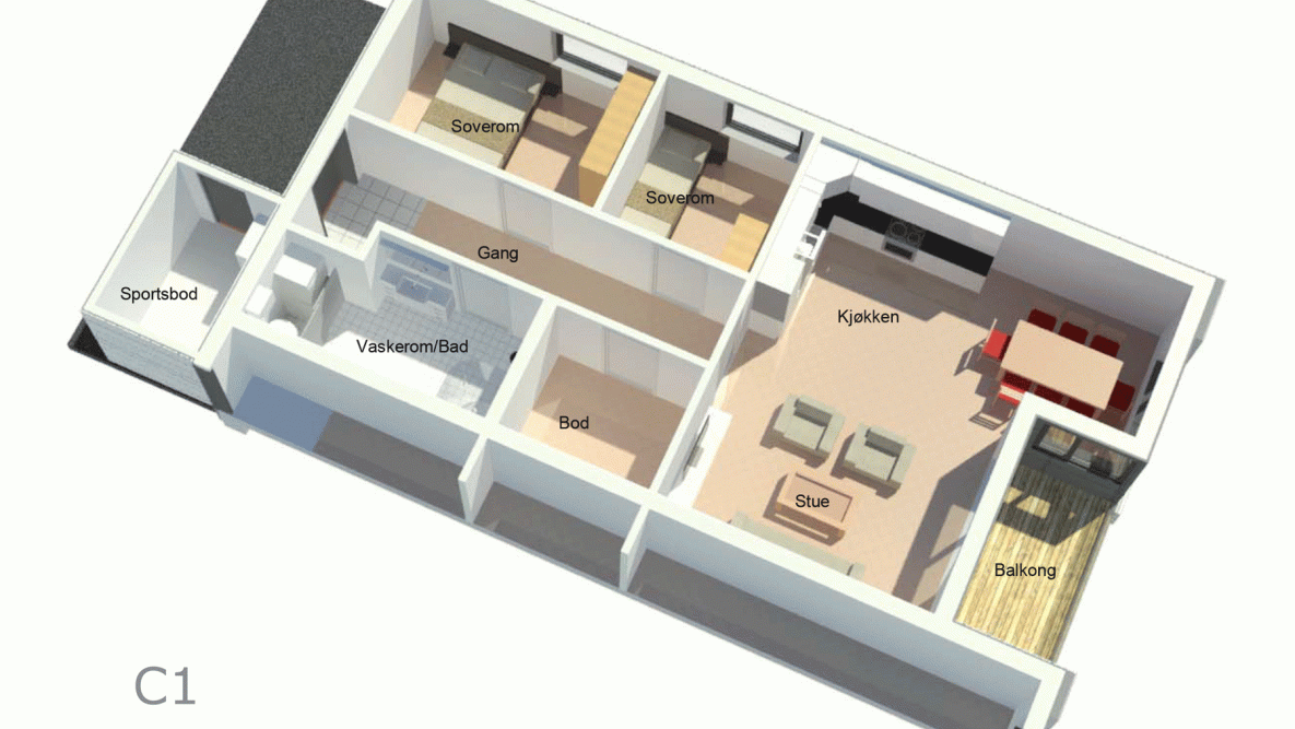 Faa Brygge planløysing leilegheit C1, sett som 3-D