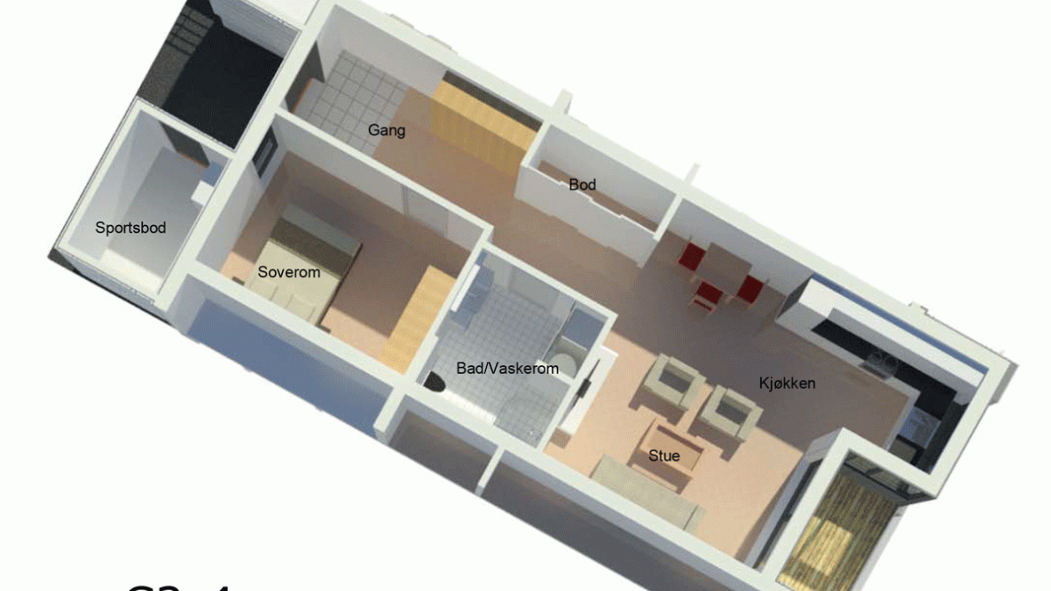 Faa Brygge planløysing leilegheit C2, sett som 3-D  