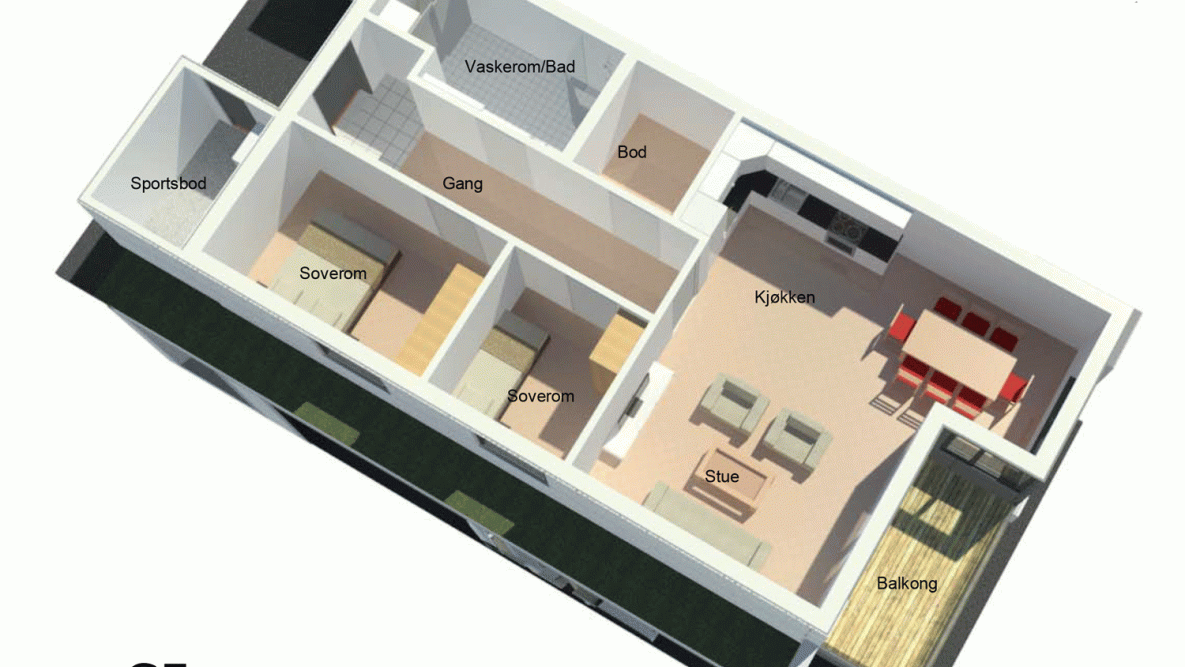 Faa Brygge planløysing leilegheit C5, sett som 3-D